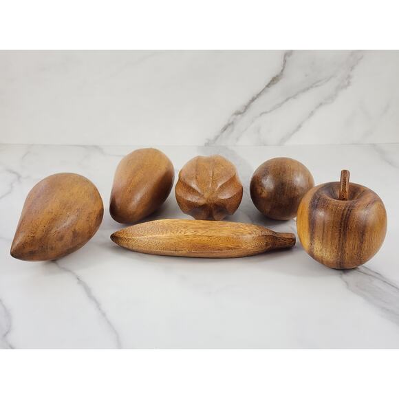 Mid Century Wood Fruit Artificial Food Banana Apple Pear Mango Hand Carved x6 - Picture 2 of 16